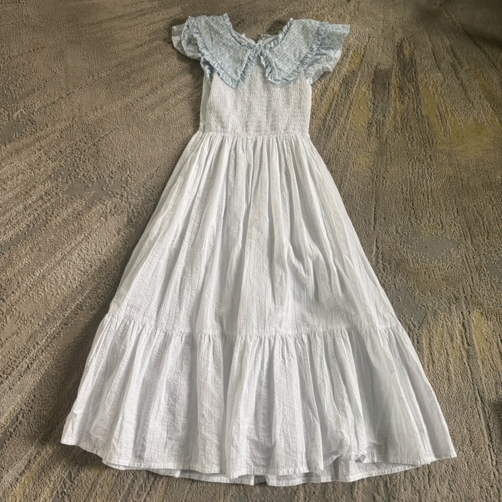 DONDOLO white midi dress smocking blue Peter Pan collar cotton prairie XXS